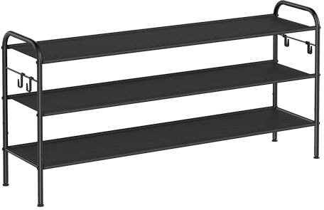 SONGMICS Schuhregal, Schuhständer mit 3 Ebenen, Regal aus Stoff, mit 4 seitlichen Haken, für 18 Paar Schuhe, höhenverstellbare Ablage, Eingang Flur Garderobe, einfache Montage, tintenschwarz