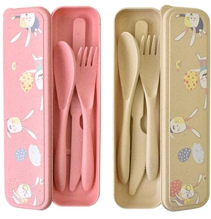 Jiayaus 2 Set Posate da Viaggio, Coltelli Forchette Cucchiai Bacchette | Portaposate da Viaggio Posate con Custodia, Plastica Riutilizzabili Posate Portatili, Rosa + Beige