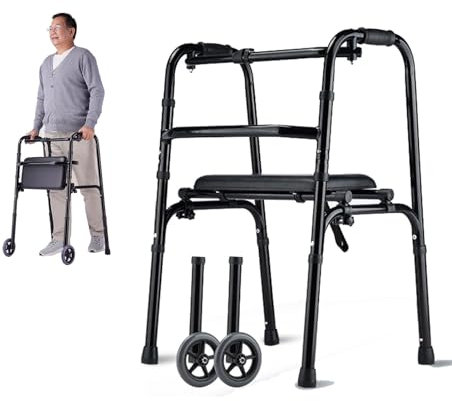 Joyfitness Andador Plegable Aluminio Mit Doppelrädern, Klappbarer Gehwagen Mit Abnehmbarem Sitz Für Senioren, Leichter Vorderer Gehwagen Für Ältere Menschen Mit Behinderungen
