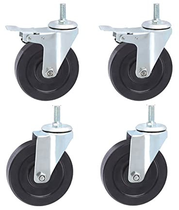 Lenkrollen, drehbar, Schwerlastrollen, 3/4/5 Gewinde, M12 Gummirad, Möbel-Lenkrollen mit Bremse, 400 kg, leise Stielrollen für Industrie, Krankenhaus, Büro, Trolley, Werkbank, 4 (125 mm, 2 Bremsen + 2