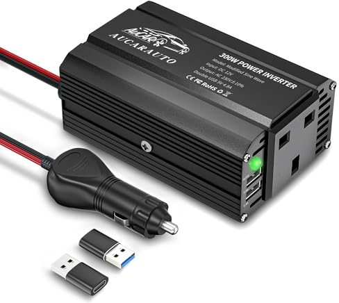 AUCARAUTO 300W Car Power Inverter 12V to 240V Modified Sine Wave Voltage Converter with Dual USB-A 4.8A Charging Ports, Durable Aluminum Body, Charge Your Laptop, iPhone, Tablet - Black