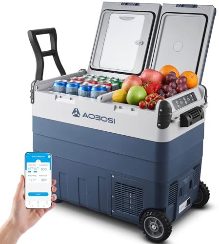 AAOBOSI Frigo Portatile 50L, Frigorifero Per Auto Doppia Zona -20℃ a 20℃, 12/24V e 100-240V, Robusto Frigo Campeggio Per Auto, Camion, Barche, Case e Pesca. Contenitore Fefrigerante per Compressore