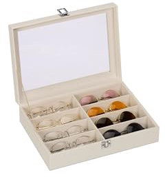 Relaxdays Brillenbox, 8 Brillen, Lederoptik, Samtbezug, Glasfenster, HxBxT: 8,5 x 33,5 x 24,5 cm, Brillenkoffer, weiß