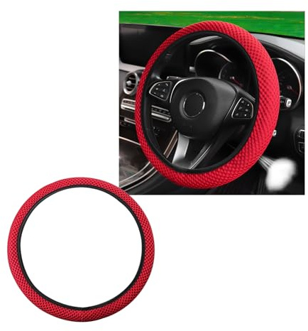Wevdn Elastic Stretch Steering Wheel Cover, 15×15 Microfiber Breathable Ice Silk Steering Wheel Protector, Anti-Slip Elastic Steering Wheel Cover for Men Women, Car Accessories (Red)