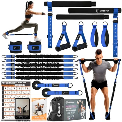 Goocrun Tragbares Pilates-Stangenset von mit Widerstandsbändern für Männer und Frauen – 3er-Set Übungsbänder – Heim-Fitnessstudio, Workout-Set zur Körperstraffung – mit Fitness-Poster und Video