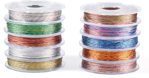 PandaHall 10 rotoli di filo metallico da 0,3 mm, filo per ricamo a macchina, a 3 strati, cordoncino macramè, filo da cucito per merletto a tombolo, quilting, braccialetto dell'amicizia, creazione di