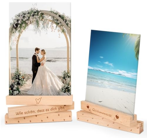 LONHCHI 5 Stück Kartenhalter Holz Kartenständer Postkartenhalter Fotohalter Mit Text und Grafiken, Bilderständer aus Holz Fotohalter für Fotoaufsteller 15 × 2 × 2CM