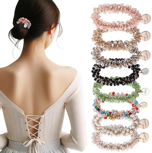 dusaniyali 8 Stück Haarschmuck Damen Schön Kristall Haargummi Damen Mehrere Farben Haarband Glitzer Elastische Beaded Hair Ties für Pferdeschwanz Haarschmuck