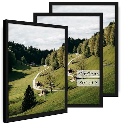 QPQIYIY Marco 50x70 cm - Juego de 3, Negro, Madera de Ingeniería con Acrílico, Para Fotos, Posters y Puzzles
