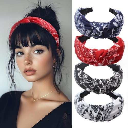 SIXHAOBU 4 Stück Breit Stirnbänd Paisley, Rockabilly Haarreif Plissiert Kopfband Vintage Haarschmuck Kopfbedeckung Haarbänder Damen mit Knoten für Frauen und Mädchen