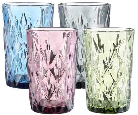Henrrida Vintage Trinkgläser Set, 4-teilig, Strukturiertes Glas, 260ml, Mehrfarbig in Grün Rosa Blau Grau, 10x8cm, Geprägte Wassergläser für Getränke