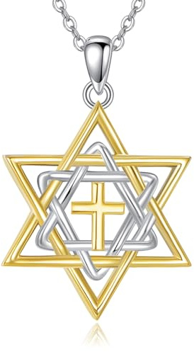 YAFEINI Collar con colgante de estrella de David de plata de ley 925 con cruz dorada y estrella de David, joyería judía, regalo para mujeres y hombres