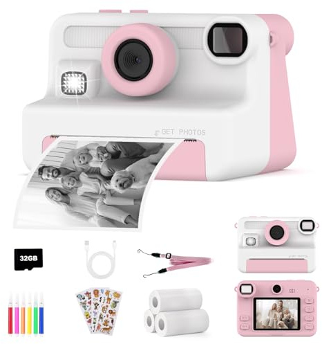 AMZSA Appareil Photo Instantané Enfant avec Impression, Caméra Numérique 1080P Vidéo, Cadeau garçons Fille 3 4 5 6 7 8 9 10 11 12 Ans Anniversaire Noël, Jouet Caméra avec Carte 32Go et 6 Stylos