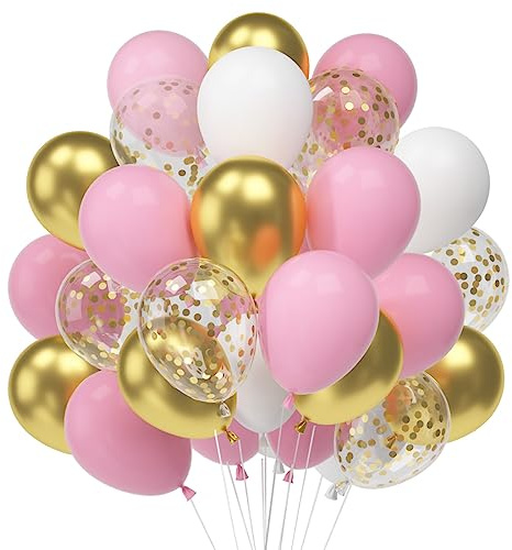 60 Stück Luftballons Rosa Weiß Metallic Gold Konfetti | Helium Ballons für Geburtstag Valentinstag Verlobung Hochzeit Graduierung Feier Party Deko