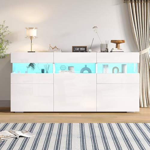 DUlVBPE 140 x 40,5 x 66,5 cm vardagsrumsskåp, byrå med 3 dörrar, högblank vardagsrumsskåp med LED-ljuslist, transparent akrylhölje, skåp med 7 förvaringsfack, 140 cm brett skåp, vit