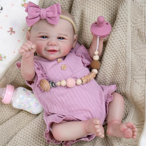 Aori Poupée Reborn réaliste – Poupée nouveau-né réaliste souriante avec corps lesté pour câliner les membres en vinyle doux et articulés avec tenue violette pour filles de 3 ans et plus 50,8 cm