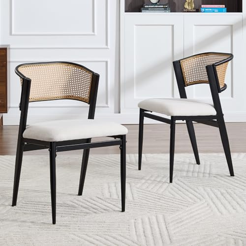 chairus Esszimmerstühle 2er Set Rattan Küchenstühle gepolstert Akzentstühle mit Metallbeinen Leinen Polsterstuhl für Küche Wohnzimmer, Schwarz