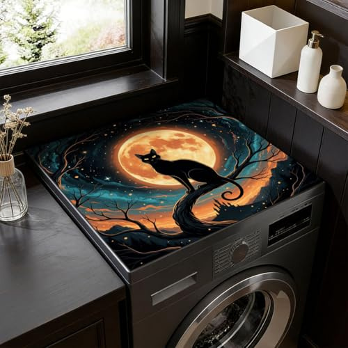 SUPERDANT Lunar Washer Dryer Topper Waterproof Laundry Topper Mat Black Cat Non-Slip Washer Top Protector Foldable Dryer Cover Pad For Top-Load Machines Laundry Room Decor 60x50cm