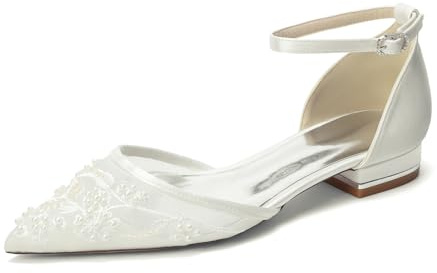 Mesh Satin Ballerinaskor Bröllop med Broderi, Flata Brudskor med Pärlor, Eleganta Skor med Ankelrem, Spetsig Tå för Fest och Ceremoni,Ivory,36 EU