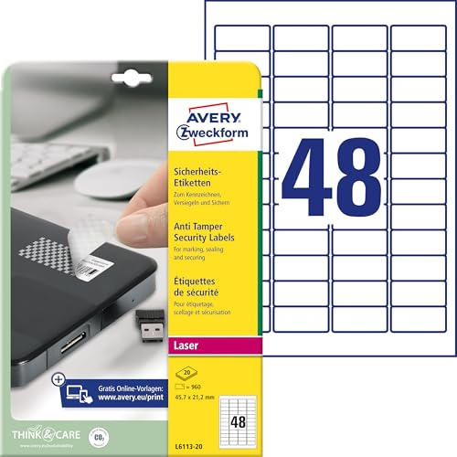 Avery L6113-20 Sicherheitsetiketten zum Versiegeln 48 pro Blatt 45,7 x 21,2 mm 960 Etiketten
