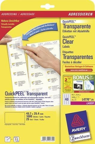 Avery L4770 – 25 transparent Etikett zu drucken – Etiketten zu drucken (transparent, Polyester, Laser, 1000 Stück (S))