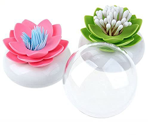 HomDSim Lotus Cotton Swab Holder,Cotton Bud Small Q-tips Toothpicks Brushes Holder Box Case Storage Organizer Jar with Clear Lid Dustproof Cover (Pink + Green)