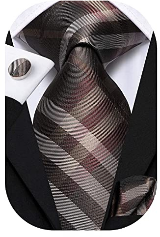 Hi-Tie Mens Plaid Ties Classic Paisley Necktie with Handkerchief Cufflinks Set Business Stripe Tie,Brown Plaid