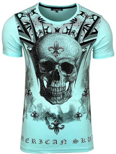 Subliminal Mode T-Shirt Homme Tête de Mort Col Rond Imprimé Fleur de Lys avec des Strass Manches Courtes Modèle BX2312 Turquoise M