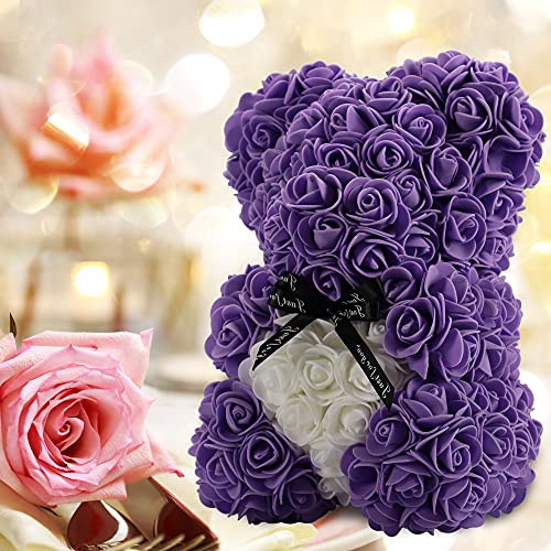 Geschenke für Frauen, Geburtstagsgeschenke, Rosen-Bär, handgefertigter Rosen-Teddybär, beste künstliche Dekoration, Geschenke für Mutter, einzigartige Geschenke, die perfekte Party-Geschenkbox (lila)