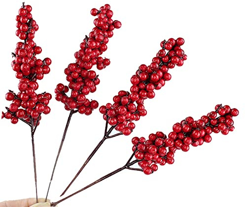 10 Saiten Künstliche Rote Holly Beeren für Bastelarbeiten - Weihnachten Zweige Deko für Kunst, Basteln und Weihnachtsbaum - 20cm