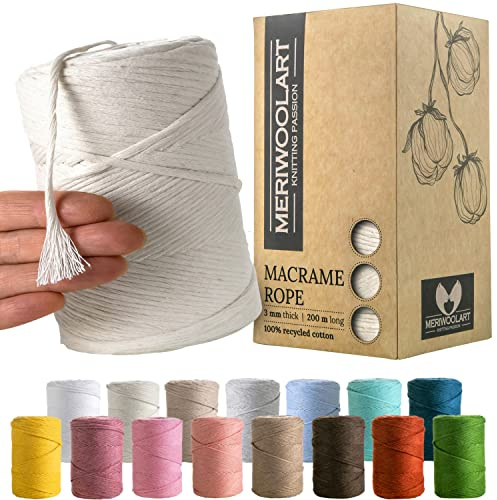 MeriWoolArt Macrame Cord 3mm Natural - Macrame Rope 200m - Super Soft, Single Twist Macrame String - Oeko-Tex 100% Recycled Cotton Macrame Cord Coloured- For DIY Macrame Crafts, Boho Home Décor