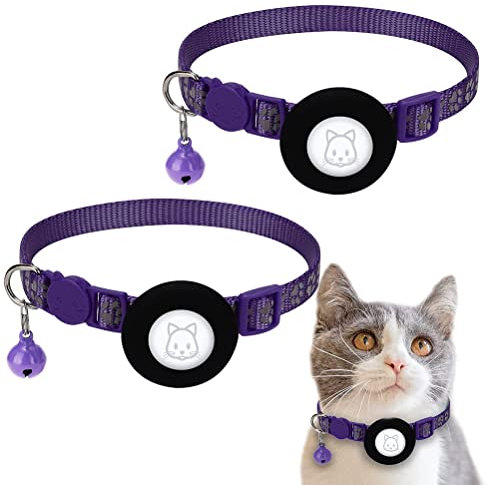 Katzenhalsband mit Airtag Halterung, 2 Stück Reflektierende Halsband Katze mit Glocke und Sicherheitsverschluss Verstellbar GPS Halsband Katze kompatibel mit Airtag
