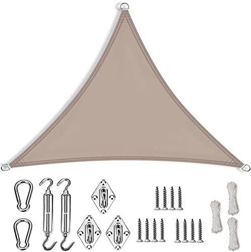 RYNS Voile D‘ombrage Triangulaire 9.4x9.4x9.4m Résistant aux intempéries UV Block Voile d'ombrage Triangle avec Kit de Montage Corde Libre pour Extérieur/Terrasse/Jardin, Taupe