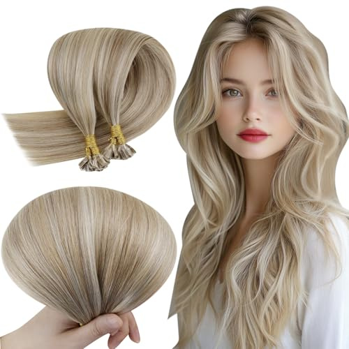 RUNATURE Bondings Extensions Echthaar Braun Highlight Kurz 30cm Extensions Echthaar Bondings Aschbraun mit Blond U Tip Haarverlangerung Echthaar Hot Fusion Farbe #8P24 40g 50strähnen