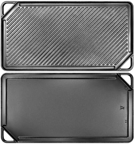 GGC Gusseisen-Grillplatte für Gasherd, Wendegrillplatte für Gasgrill, 20x10 flache und gerippte Grillplatte für Außen- und Indoor-Kochen