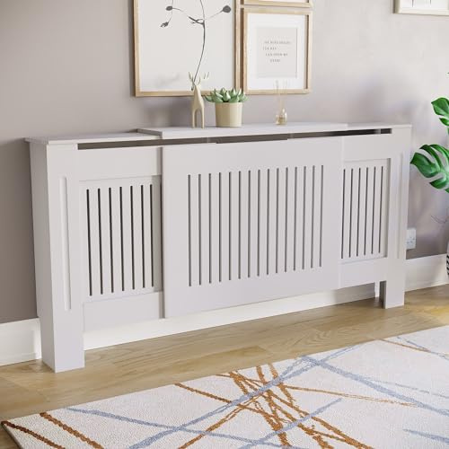 Vida Designs Chelsea Cache-radiateur Blanc - Ajustable - Lattes Verticales Modernes pour Une Circulation optimale - H82xW140-204xD20.5cm - MDF Peint Idéal pour Salon et Couloir