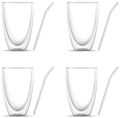 BEM 8-er Gläser Set: 4 x Doppelwandige Matcha Latte Macchiato Frappe Kaffeegläser, Kaffeetassen Set, für heiße und kalte Getränke (je 440 ml, Borosilikatgläser) und 4 x Glasstrohhalme