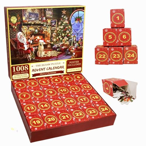 Tootesa Adventskalender 2024, 1008 Teile, Tootesa 24 Boxen, Countdown Kalender Weihnachtsmann für Erwachsene, Lustige Weihnachts-Puzzles für Weihnachtsdekoration, Geschenke (Rot)