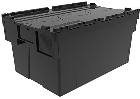 Solent Plastics Heavy Duty 100% Recycled Plastic 56 Litre Attached Lidded Container Storage Box Totes L 60 x W 40 x H 31cm Black - Pack of 5