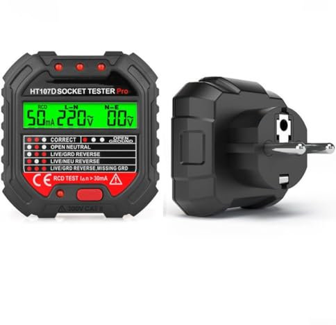 Steckdosenprüfgerät, HT107D Elektroskop SockelTester Power Polarity Detector Phase Detector, Steckdosentester Erkennung mit LCD Voltage + Kontrollleuchten Anzeige(EU Plug)