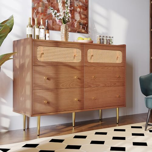 MQGPM Sideboard mit Rattan Einsatz 120x40x90cm Kommode Anrichte mit 6 Schubladen, Beistellschrank Schrank Mehrzweckschrank Flurschrank, Viel Stauraum, Nussbaum, Holzfarbe