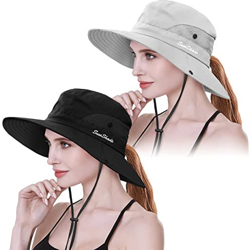 IYEBRAO 2 Stück Pferdeschwanz Sonnenhut Damen-UV Schutz Breite Krempe Sommerhut mit Nackenschnur-Sonnenschutzhut Strandhut Fischerhut Anglerhut Gartenhut Outdoor Hut (Schwarz+Reines Beige, 2 Stück)