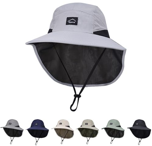 ZOORON Kids Sun Hat with Neck Flap UPF 50+ UV Protection Wide Brim Breathable Fishing Safari Beach Summer Hat for Boys Girls Lightgrey