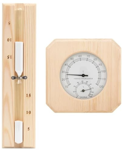 Sufrk Juego de temporizador higrómetro y reloj de arena para sauna 2 en 1 de pino macizo, reloj de arena y sauna, accesorios temporizadores de cocina, resistente al calor, sauna, reloj de arena, reloj