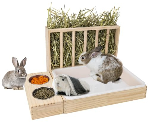 BESNEW Mangeoire à Foin 3 en 1 pour Lapin avec bac à litière, mangeoire à Foin en Bois avec 2 Bols et bac à litière pour Cochon d'Inde, Chinchilla, Lapin et Autres Petits Animaux, Grande capacité et
