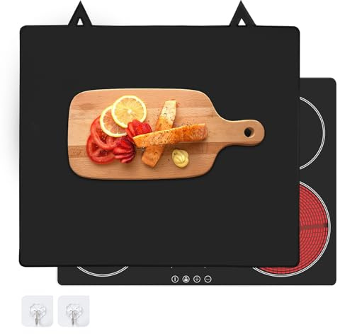 QCXWCJWD Induction Hob Protector Mat, Hob Cover 62x53cm, Electric Hob Covers to Protect from Scratches, Electric Glass Hob Cover with Hook for expanding Extra Work and Storage Space(Black)