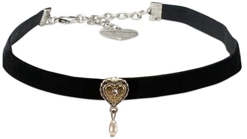 Alpenflüstern Trachten-Samtkropfband Trachtenherz mit Tropfenperle - Trachtenkette enganliegend, Kropfkette elastisch, Damen-Trachtenschmuck, Samtkropfband schmal (in traditionellen Farben) DHK338