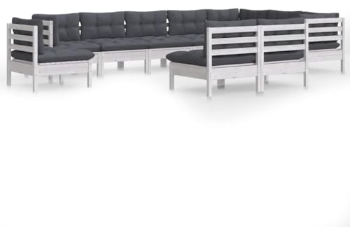 WEMYUFURN 10-TLG. Garten-Lounge-Set mit Kissen Weiß Kiefer Massivholz, Outdoor-Sitzgruppe, Terrassen-Lounge-Set, Garten-Couchgarnitur - Wetterbeständig, Komfortabel - für Terrasse, Garten und Balkon