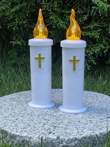 2 candele con croce per tomba, 16 cm, decorazione per tomba, candele per lampade e lanterne, effetto 3D, elegante e sicuro!