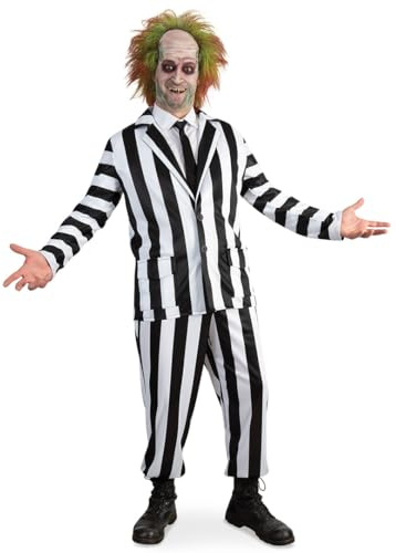 KarnevalsTeufel Kostüm-Set Geisterclown 3 teilig Jacke, Hose & Perücke Unisex Outfit für Erwachsene gestreifter Anzug in schwarz-weiß Klassischer Look (XL)
